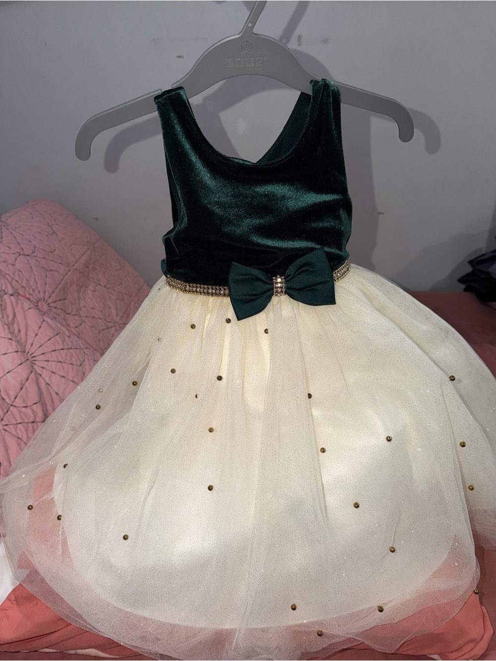 American Princess Emerald Green Velvet and Cream Tulle Dress with Bow